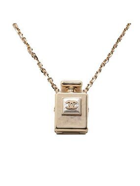 Chanel CC Logo Perfume Bottle Chain Pendant Necklace Gold Plated Faux Pearl